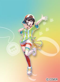 1girl aqua_eyes arm_up asymmetrical_legwear baseball_cap black_hair commentary_request company_name copyright_notice full_body gradient_background hat hiyon_(hahaha_5945) hololive looking_at_viewer megaphone microphone mismatched_legwear official_art oozora_subaru oozora_subaru_(1st_costume) open_hand open_mouth outline red_thighhighs shirt shoes short_hair short_sleeves shorts sideways_hat smile sneakers solo standing standing_on_one_leg stopwatch stopwatch_around_neck striped_clothes striped_shirt sweatband swept_bangs t-shirt thighhighs tied_shirt two-tone_headwear two-tone_shirt v-neck vertical-striped_clothes vertical-striped_shirt virtual_youtuber watch whistle whistle_around_neck white_shirt white_shoes white_shorts white_thighhighs yellow_shirt