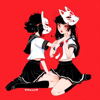 2girls artist_name black_hair commentary english_commentary fox_mask heart heart-shaped_pupils kneehighs long_hair mask mask_on_head miniskirt multiple_girls original pleated_skirt red_background red_eyes red_lips school_uniform serafuku short_hair sitting skirt socks symbol-shaped_pupils vicki_tsai wariza yuri