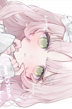 1girl :t blush closed_mouth commentary commission green_eyes hair_ornament hair_ribbon hairclip hands_up highres hue_0813 long_hair long_sleeves looking_at_viewer original parallel_hairclips pink_hair portrait ribbon shirt sideways simple_background sleeves_past_wrists solo symbol-only_commentary white_background white_ribbon white_shirt