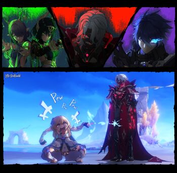 2boys 3girls absurdres ancient_egyptian_clothes antlers artist_name bandage_over_one_eye bandaged_head bandaged_torso bandages bandages_over_mouth bare_shoulders black_bandages black_gloves blonde_hair blue_hair breasts claws commentary completely_unamused deer_antlers dress english_commentary english_text eye_tattoo flins_(genshin_impact) flower game_screenshot_background game_screenshot_inset genshin_impact gloves green_hair hair_between_eyes hair_flower hair_ornament hair_over_one_eye highres horns large_breasts lauma_(genshin_impact) littleredhoodd long_hair looking_at_viewer lumine_(genshin_impact) mark_under_eye medium_hair multiple_boys multiple_girls mystical_high_collar nefer_(genshin_impact) open_mouth pointy_ears rerir_(genshin_impact) screenshot_background short_hair_with_long_locks squatting tattoo tongue tongue_out unamused white_dress white_flower white_hair yellow_eyes