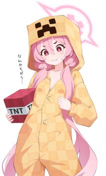 1girl absurdres adapted_costume blue_archive breasts closed_mouth collarbone commentary_request creeper cross-shaped_pupils explosive hair_between_eyes halo highres koyuki_(blue_archive) koyuki_(pajamas)_(blue_archive) long_hair long_sleeves low_twintails minecraft paid_reward_available pink_eyes pink_hair pink_halo puffy_long_sleeves puffy_sleeves shijima_(shijima_tc) simple_background small_breasts solo symbol-shaped_pupils tnt tnt_block_(minecraft) translation_request twintails very_long_hair white_background