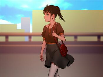 Rule 34 | 1girl, as109, belt, brown hair, collarbone, day, female focus, green eyes, lips, long hair, outdoors, shoujo to ura roji, solo, thighhighs, walking, white thighhighs