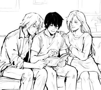 Rule 34 | 1girl, 2boys, adoptive siblings, blush, book, brothers, collared shirt, commentary, couple, crop top, earrings, english commentary, flower, greyscale, hand on another's shoulder, holding, holding book, husband and wife, indoors, jewelry, messy hair, monochrome, multiple boys, naruto: the last, naruto (series), naruto shippuuden, nxctern, reading, sai (naruto), shin (naruto), shirt, siblings, skirt, sweater, t-shirt, yamanaka ino