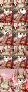 1boy 1girl 6+koma absurdres age_difference arms_at_sides bao_huang bar_censor bare_shoulders black_kimono blonde_hair blush breasts censored cleavage clenched_hand comic cowboy_shot cum cum_drool cum_in_mouth cum_on_clothes cumdrip deepthroat ejaculation erection fellatio fellatio_under_mask hands_up hetero highres horn_grab horns irrumatio japanese_clothes kimono large_penis leaning_forward licking licking_penis loli long_image long_sleeves mask medium_hair obi off-shoulder_kimono off_shoulder one_piece open_mouth oral penis powpill print_kimono red_horns red_kimono saliva sash sequential silent_comic sitting size_difference small_breasts third-party_edit tongue tongue_out two-tone_kimono veins veiny_penis wariza wet wet_clothes yellow_obi
