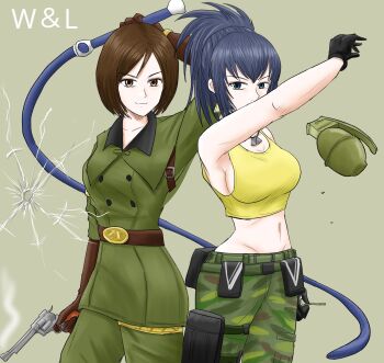 2girls blue_eyes blue_hair breasts brown_eyes brown_hair dress earrings formal_clothes gloves gokigenyoucyan highres jewelry large_breasts leather leona_heidern long_hair medium_breasts military multiple_girls pale_skin pants ponytail shirt short_hair skirt smile snak64 tank_top the_king_of_fighters thighs whip whip_(kof)