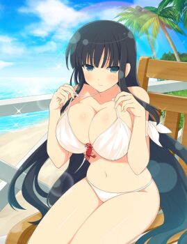 10s 1girl beach bikini black_hair blue_eyes blush bra bra_pull breasts chair cleavage clothes_pull cloud cloudy_sky coconut_tree crab day female_focus ikaruga_(senran_kagura) large_breasts long_hair looking_at_viewer lounge_chair navel ocean official_art outdoors palm_tree panties senran_kagura senran_kagura_new_wave sitting sky solo sparkle strap_pull string_bikini summer swimsuit tree underwear very_long_hair white_bikini yaegashi_nan