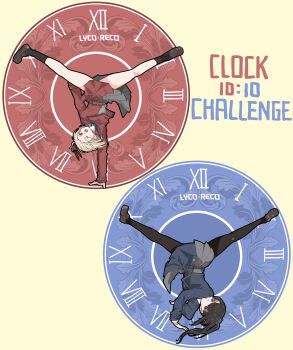 Rule 34 | 2girls, ^ ^, absurdres, black hair, black outline, black pantyhose, black socks, blonde hair, blue dress, blush, border, breakdance, brown shoes, clock, closed eyes, closed mouth, convenient skirt, dress, english text, grey dress, grin, hair ribbon, hand up, handstand, highres, inoue takina, kneehighs, leg lift, legs, loafers, long sleeves, looking at viewer, lycoris recoil, multiple girls, nishikigi chisato, one arm handstand, outline, pantyhose, panyatteria, pleated dress, ponytail, purple eyes, red dress, red ribbon, ribbon, shoes, short hair, smile, socks, thighs, yellow background