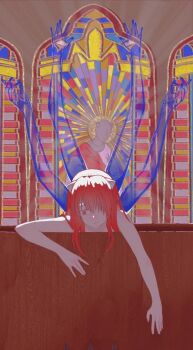 1girl church closed_mouth commentary_request elfen_lied hair_over_one_eye highres horns indoors long_hair lucy_(elfen_lied) nude pink_hair ranmushuang red_eyes solo stained_glass vectors