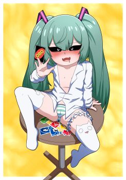 1girl aqua_hair aqua_panties arm_support black_sclera blush border cameltoe collarbone colored_sclera dot_nose fang female_focus flat_chest from_above full_body gi0gi0 hand_up hatsune_miku knee_up loli long_hair looking_at_viewer mimukauwa_nice_try_(vocaloid) on_table open_clothes open_shirt panties pov shirt simple_background sitting skin_fang smile smug solo spread_legs striped_clothes striped_panties table thighhighs twintails two-tone_panties underwear uno_(game) variant_set vocaloid white_border white_eyes white_panties white_shirt white_thighhighs yellow_background