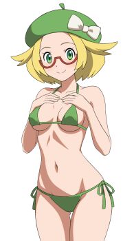 1girl absurdres beret bianca_(pokemon) bikini blonde_hair bow breasts closed_mouth collarbone commentary cowboy_shot eyelashes glasses green_bikini green_eyes green_hat hands_up hat hat_bow highres mnkr98 navel nintendo pokemon pokemon_bw2 red-framed_eyewear semi-rimless_eyewear short_hair side-tie_bikini_bottom simple_background smile solo split_mouth swimsuit white_background white_bow