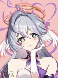 Rule 34 | 1girl, aiyayaie, armpit crease, bare shoulders, breasts, bright pupils, cleavage, collar, commentary, dress, english commentary, gloves, green eyes, grey hair, hair between eyes, hair intakes, halo, head rest, head wings, highres, honkai: star rail, honkai (series), jewel under eye, light blush, light smile, looking to the side, medium breasts, multicolored clothes, multicolored dress, pink background, pink lips, portrait, purple collar, robin (honkai: star rail), signature, solo, white gloves, white pupils, wings
