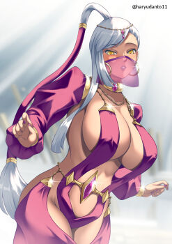 artist_name belly_dancing blurry blurry_background breasts circlet cleavage code_geass commentary covered_erect_nipples covered_navel cowboy_shot curled_fingers dancer dark-skinned_female dark_skin earrings female_focus forehead gold_trim grey_hair grin hadant hair_ornament harem_outfit highres huge_breasts jewelry long_hair long_sleeves looking_at_viewer mouth_veil nail_polish necklace parted_bangs pink_nails pink_sleeves ponytail revealing_clothes shadow smile solo sparkle tan teeth twitter_username veil villetta_nu yellow_eyes