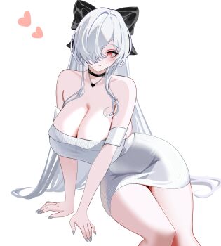 1girl absurdres black_choker black_ribbon breasts choker cinderella_(beautiful_me)_(nikke) cinderella_(nikke) cleavage commentary dongtan_dress dress goddess_of_victory:_nikke grey_dress grey_nails hair_over_one_eye hair_ribbon heart heart_necklace highres huge_breasts jewelry long_hair necklace official_alternate_costume red_eyes ribbon solo thighs velmillix very_long_hair white_hair