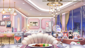 apple armchair bag bed bedroom book book_stack bookshelf bottle broccoli building ceiling_light chair chandelier character_doll cherry cherry_tomato closet cloud cocktail cocktail_glass coffee_table compact_(cosmetics) controller copyright_notice cosmetics couch counter cup curtains desk_microphone dog doll drinking_glass earphones food fork fruit game_console game_controller glass_door_refrigerator grapes hamburger_steak handheld_game_console hanging_light hiodoshi_ao hololive hololive_dev_is ichijou_ririka indoors juufuutei_raden lamp lipstick_tube makeup_brush mascara_wand mashed_potatoes microphone minifridge mizushishi night official_art otonose_kanade pet_bed photo_(object) picture_frame pillow placemat plate playstation_5 poodle pop_filter refrigerator rug scenery sky skyscraper spoon star_(sky) starry_sky stool studio_microphone table todoroki_hajime tomato virtual_youtuber window wine_bottle