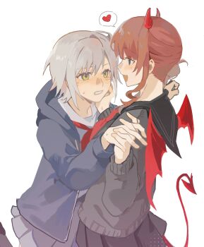 Rule 34 | 2girls, black sailor collar, black skirt, blue hoodie, brown hair, clenched teeth, demon horns, demon tail, fang, green eyes, grey hair, heart, highres, hinomori shiho, holding hands, hood, hoodie, horns, interlocked fingers, kumo16 1, long hair, mochizuki honami, multiple girls, neckerchief, open mouth, pleated skirt, project sekai, red neckerchief, sailor collar, short hair, simple background, skirt, smile, spoken heart, tail, teeth, white background, white sailor collar, yuri