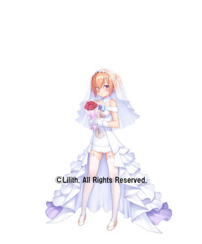 1girl bare_shoulders bouquet breasts bridal_veil commentary_request copyright_notice covered_navel dress eyes_visible_through_hair flower frilled_dress frills full_body garter_straps gloves hair_bun hair_over_one_eye highres holding holding_bouquet jewelry kuuchuu_yousai looking_at_viewer miyako_hayashizaki official_alternate_costume official_art orange_hair red_eyes ring second-party_source see-through_clothes see-through_midriff simple_background small_breasts smile solo standing taimanin_(series) taimanin_rpgx thighhighs veil wedding_dress wedding_ring white_background white_gloves white_thighhighs