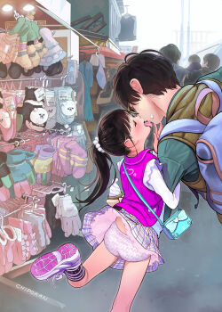 1boy 1girl absurdres accidental_exposure age_difference arm_grab arm_hug artist_name artist_request ass backpack bag blouse blush chipokan closed_eyes day food french_kiss from_behind glasses green_shirt handbag hetero high_ponytail highres ice_cream jojifuku kiss kneepits licking_another's_face loli miniskirt outdoors panties pantyshot pink_vest plaid_clothes plaid_skirt ponytail road shirt shoes shopping_district skirt sneakers socks soft_serve standing standing_on_one_leg street thighs tongue tongue_out underwear upskirt vest white_shirt