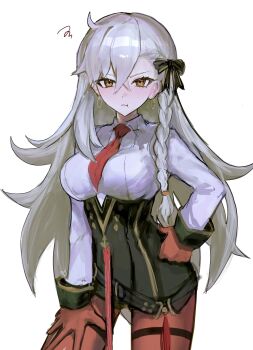 Rule 34 | 1girl, absurdres, black ribbon, blush, braid, breasts, commentary, crossed bangs, fate/grand order, fate (series), gloves, grey hair, hair between eyes, hair ribbon, hand on own hip, highres, large breasts, long hair, looking at viewer, necktie, olga marie animusphere, olga marie animusphere (unbeast), orange gloves, orange pantyhose, pantyhose, pout, rami (zwndu0), red necktie, ribbon, simple background, solo, untranslatable commentary, very long hair, white background