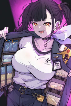 1girl :d absurdres banknote belt black_choker black_hair breasts cellphone choker collarbone goddess_of_victory:_nikke highres id_card jacket kakuzatou_(cubesugar03196) large_breasts long_hair looking_at_viewer mole mole_under_eye money open_clothes open_jacket open_mouth phone pocket purple_background shirt shirt_tucked_in skirt smartphone smile solo sora_(nikke) white_shirt yellow_eyes