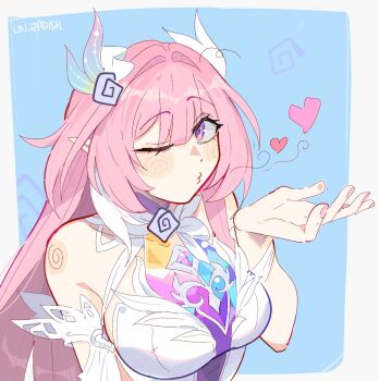 1girl bare_shoulders blush breasts commentary cyrene_(demiurge)_(honkai:_star_rail) cyrene_(honkai:_star_rail) hair_intakes heart highres honkai:_star_rail honkai_(series) large_breasts long_hair looking_at_viewer one_eye_closed pink_hair purple_eyes sleeveless solo unfamousradish upper_body