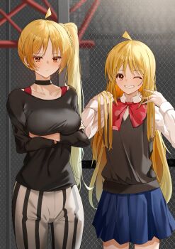 2girls alternate_hairstyle black_choker black_shirt blue_skirt bocchi_the_rock! bow bowtie breasts bureoeve choker collarbone commentary_request crossed_arms grin hair_down hairstyle_switch highres ijichi_nijika ijichi_seika long_sleeves medium_breasts multiple_girls one_eye_closed pants red_bow red_bowtie shirt siblings side_ponytail sisters skirt smile standing striped_clothes striped_pants vertical-striped_clothes vertical-striped_pants white_pants white_shirt