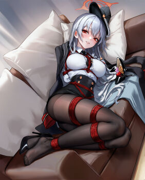 1girl arms_behind_back ball_gag bdsm between_breasts black_pantyhose blazer blue_archive bondage bound bound_ankles bound_arms bound_legs bound_torso breasts collared_shirt condom condom_wrapper couch crotch_rope female_focus frilled_shirt frills full_body gag grey_hair halo haruna_(blue_archive) hat high-waist_skirt high_heels highres jacket kumachi_(aikawaakeya) long_hair looking_at_viewer lying medium_breasts on_couch on_side open_mouth pantyhose patent_heels peaked_cap pencil_skirt pumps red_eyes red_rope rope shibari shibari_over_clothes shirt shoes skindentation skirt solo stiletto_heels teeth unworn_gag very_long_hair white_shirt wiffle_gag