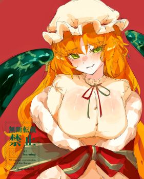 1girl blush breasts christmas_nightmare_(e.g.o) commentary_request dress e.g.o_(project_moon) freckles green_eyes hat highres ishmael_(project_moon) large_breasts limbus_company long_hair looking_at_viewer mob_cap orange_hair project_moon ritaritatter96 shawl solo tentacles white_dress white_hat