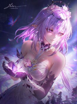 1girl bare_shoulders black_tiara breasts bug butterfly castorice_(honkai:_star_rail) chromatic_aberration closed_mouth commentary dress elbow_gloves flower gloves hair_between_eyes hair_flower hair_ornament hands_up highres honkai:_star_rail honkai_(series) insect long_hair medium_breasts pointy_ears purple_butterfly purple_eyes purple_flower purple_gloves purple_hair second-party_source sidelocks signature single_elbow_glove solo tiara turbulence twitter_username very_long_hair white_dress