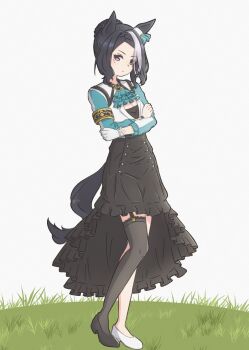 1girl animal_ears aqua_ascot ascot asymmetrical_footwear black_hair black_skirt black_thighhighs blue_ascot blush braid braided_bun breasts cleavage closed_mouth crossed_arms ear_ornament garter_straps gloves grass hair_bun highres horse_ears horse_girl horse_tail jacket koshiba_taiyaki long_hair long_sleeves looking_at_viewer medium_breasts mejiro_ramonu_(onyx_line)_(umamusume) mejiro_ramonu_(umamusume) mismatched_footwear mole mole_under_eye multicolored_hair purple_eyes single_garter_strap single_glove skirt solo streaked_hair striped_hair tail thighhighs umamusume white_gloves white_hair