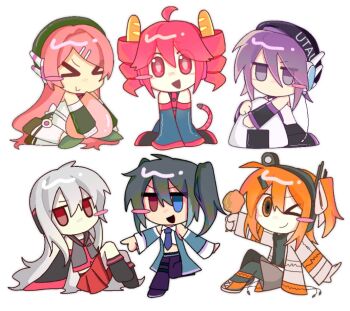 &gt;_&lt; 6+girls ;) a.i._voice adachi_rei ahoge baguette bare_shoulders beret black_boots black_hair black_hat black_pants black_pantyhose black_skirt black_sleeves black_sweater blue_coat blue_eyes blue_necktie blue_shirt blue_sleeves blush_stickers boots bread chibi chicken_(food) coat collared_shirt detached_sleeves double-parted_bangs drill_hair eyes_visible_through_hair food food_on_hair fried_chicken fruit green_hat green_sleeves grey_shirt grey_shorts hair_between_eyes hair_ornament hair_ribbon hairpin hat heterochromia holding holding_food jacket jitome kasane_teto kasane_teto_(utau) kneeling long_hair medium_hair momone_momo multiple_girls necktie nnr7zmn0qa49273 no_mouth one_eye_closed one_side_up onigiri open_clothes open_coat open_jacket open_mouth orange_eyes orange_hair orange_shoes pants pantyhose peach pink_hair purple_eyes purple_hair purple_trim radio_antenna red_eyes red_hair red_skirt red_trim ribbon shirt shoes short_hair short_twintails shorts single_blush_sticker sitting skirt sleeveless sleeveless_shirt smile sukone_tei sweater tareme twin_drills twintails utane_uta utau white_background white_hair white_jacket white_ribbon white_shirt yokune_ruko