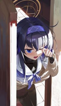 1girl absurdres black_hair blue_archive blue_eyes blue_hairband blush breasts brown_halo cardigan crossed_bangs grey_cardigan hair_between_eyes hairband halo highres jewelry li-mi long_hair long_sleeves necklace one_eye_closed open_mouth pantyhose small_breasts solo ui_(blue_archive) very_long_hair