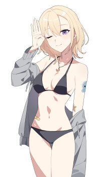 1girl absurdres bang_dream! bang_dream!_it's_mygo!!!!! bikini black_bikini black_bow blonde_hair bow breasts chinese_commentary closed_mouth commentary_request grey_jacket haizou_bingsan hand_up highres jacket jewelry looking_at_viewer medium_breasts medium_hair misumi_uika navel necklace one_eye_closed open_clothes open_jacket purple_eyes simple_background solo sticker stomach swimsuit white_background
