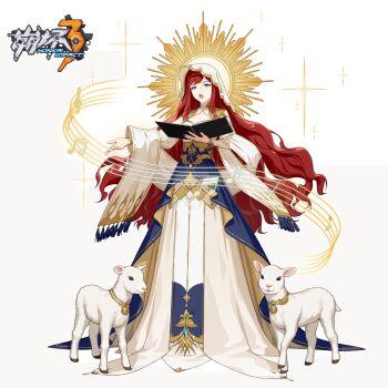 1girl :o animal baby_animal blue_eyes book dress handel_(honkai_impact) highres holding holding_book honkai_(series) honkai_impact_3rd lamb long_hair looking_at_viewer musical_note official_art open_mouth red_hair sheep simple_background solo standing very_long_hair white_background white_dress