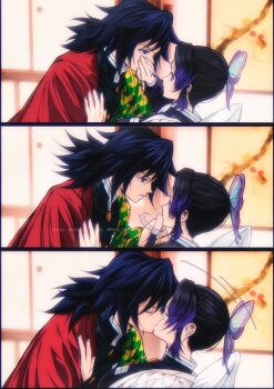 1boy 1girl absurdres animal_print black_hair black_jacket breasts butterfly_hair_ornament butterfly_print butterfly_print_haori closed_eyes commentary couple covering_another&#039;s_mouth demon_slayer_uniform hair_between_eyes hair_ornament hand_on_another&#039;s_chest hand_over_another&#039;s_mouth haori hetero highres jacket japanese_clothes kimetsu_no_yaiba kiss kochou_shinobu looking_at_another low_ponytail medium_breasts niku_(ni23ku) parted_bangs parted_lips ponytail print_haori purple_hair sidelocks symbol-only_commentary tomioka_giyuu twitter_username updo