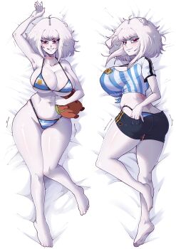1girl :3 absurdres argentina argentinian_flag argentinian_flag_bikini argentinian_flag_print bare_shoulders barefoot bed_sheet bikini blush breasts capybara cat_girl chibi cleavage clothes_pull colored_skin commission curvy dakimakura_(medium) flag_print flag_print_bikini full_body highres huge_breasts la_albina_(tidal) large_breasts looking_at_viewer lying medium_hair melty_blood multiple_views navel neco-arc neco_spirit no_shoes on_back on_stomach original print_bikini red_eyes scar smile solo stuffed_animal stuffed_capybara stuffed_toy swimsuit thigh_gap thighs tidal_(tidaltides) tsukihime white_background white_hair white_skin