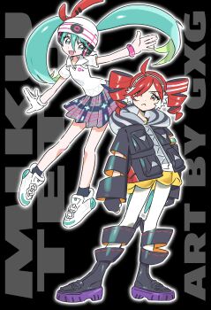 2girls :< absurdres artist_name beanie black_background blue_eyes blue_hair boots bow bracelet character_name clothing_cutout collared_shirt commentary drill_hair earmuffs full_body gaengxgaeng gloves gradient_hair green_hair grey_eyes hair_ribbon hair_through_headwear hat hat_bow hatsune_miku headphones highres hood hood_down hooded_jacket jacket jewelry kasane_teto kasane_teto_(sv) long_hair long_sleeves multicolored_hair multiple_girls nintendo open_mouth outline outstretched_arm pantyhose plaid_clothes plaid_skirt pleated_skirt pokemon project_voltage psychic_miku_(project_voltage) red_eyes red_hair ribbon rival_teto_(project_voltage) see-through_clothes see-through_skirt shirt shoes short_sleeves single_glove skirt smile sneakers socks synthesizer_v twin_drills utau very_long_hair vocaloid white_outline