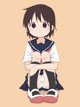 1girl black_socks blue_sailor_collar blue_skirt blush brown_eyes brown_hair cameltoe closed_mouth collarbone female_focus full_body hugging_own_legs kneehighs knees_up looking_afar matching_hair/eyes miniskirt neckerchief orange_background original panties pigeon-toed pleated_skirt ponnu_(tnpn2yw) red_neckerchief red_shoes sailor_collar school_uniform serafuku shirt shoes short_hair short_sleeves sidelocks simple_background sitting skirt socks solo split_mouth underwear upskirt white_panties white_shirt wide-eyed