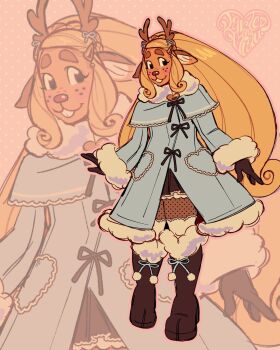 1girl alternate_costume alternate_hairstyle animal_ears animal_nose antlers artist_logo black_boots black_eyes black_gloves black_ribbon black_skirt blue_capelet blue_coat blue_ribbon boots braid capelet coat coat_ribbon commentary crown_braid curled_ends curly_sidelocks deer_antlers deer_ears deer_girl deltarune english_commentary footwear_ribbon freckles full_body fur-trimmed_boots fur-trimmed_capelet fur-trimmed_coat fur_trim furry furry_female gloves hair_ornament hair_ribbon hairclip high_heel_boots high_heels highres horns knee_boots layered_skirt logo long_hair looking_to_the_side miniskirt noelle_holiday outline outstretched_arms over-kneehighs pantyhose pink_background pink_outline polka_dot polka_dot_background polka_dot_pantyhose pom_pom_footwear ribbon short_eyebrows sidelocks sketch skirt smile socks socks_over_pantyhose solo standing swept_bangs tarteaumiau thick_eyebrows thighhighs tooth utdr_(toby_fox) white_fur white_skirt white_socks white_trim winter_clothes zoom_layer