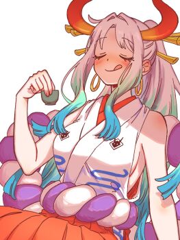 1girl bare_shoulders blue_hair blush breasts closed_eyes closed_mouth commentary_request earrings gradient_hair hair_ornament hakama high_ponytail highres holding horns japanese_clothes jewelry kimono long_hair medium_breasts multicolored_hair one_piece ponytail red_hakama rnolmol rope sideboob sidelocks sleeveless sleeveless_kimono solo tongue tongue_out upper_body white_background white_hair yamato_(one_piece)