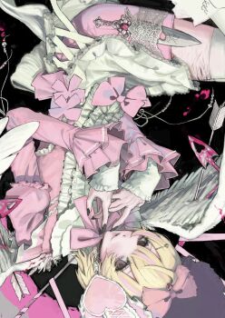 1girl apron arrow_(projectile) athame blonde_hair blood bow commentary dagger dress feathered_wings frilled_dress frills hair_bow heart highres knife lolita_fashion looking_at_viewer original pink_blood pink_bow pink_dress rios14 self-harm_scar short_hair solo sweet_lolita thighhighs unfinished upside-down weapon white_apron white_thighhighs wings