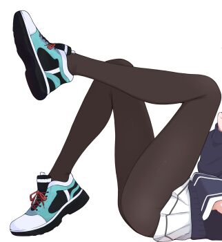 1girl absurdres ass black_jacket black_pantyhose blue_archive commentary_request highres jacket kazusa_(blue_archive) kurumi_kororin leg_focus legs lower_body pantyhose pleated_skirt shoes skirt sneakers solo white_background