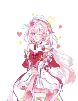 1girl ;) beret breasts chinese_commentary cleavage commentary_request diamond-shaped_pupils diamond_(shape) dress earrings elf elysia_(hi_love_elf)_(honkai_impact) elysia_(honkai_impact) hat heart heart_earrings highres honkai_(series) honkai_impact_3rd jewelry large_breasts long_hair looking_at_viewer multicolored_hair one_eye_closed pink_hair pointy_ears purple_eyes ray3370195 red_dress simple_background smile solo symbol-shaped_pupils thighhighs two-tone_dress two-tone_hair very_long_hair white_background white_dress white_hair white_thighhighs