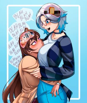2girls absurdres ahoge black_choker blah_blah_blah blue_background blue_cardigan blue_eyes blue_hair blue_pants blush bread bread_slice breasts brown_hair brown_jacket cardigan censored charlotte_(dilan_griz) choker closed_mouth collarbone colored_tips commentary denim dilan_griz double-parted_bangs english_commentary erika_(dilan_griz) eye_contact food glasses hair_between_eyes heart heart_choker height_difference highres hug inset_border jacket jeans large_breasts long_hair long_sleeves looking_at_another meme mosaic_censoring multicolored_hair multiple_girls nose open_cardigan open_clothes open_mouth original pants parted_hair purple_eyes shirt short_hair smile speech_bubble striped_cardigan two-tone_hair waffle_falling_over_(meme) wavy_mouth white_hair white_shirt yuri