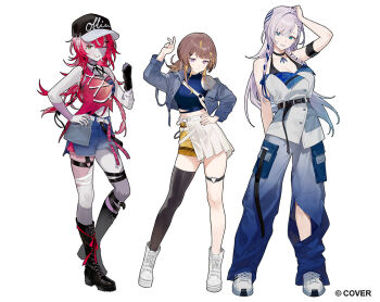 3girls anya_melfissa arm_strap arm_up baseball_cap belt black_gloves black_hat black_thighhighs blonde_hair blue_eyes blue_hair blue_jacket blue_nails blue_pants blue_shirt blue_shorts blue_tube_top blunt_ends boots bow braid braided_bangs braided_sidelock breasts brown_hair buttons cargo_pants center-flap_bangs character_name chest_harness cleavage clenched_hand closed_mouth clothing_cutout colored_skin commentary company_name contrapposto copyright_notice cropped_jacket cropped_shirt denim denim_jacket diamond-shaped_pupils diamond_(shape) double-breasted english_commentary fingerless_gloves full_body gloves gradient_eyes gradient_hair green_eyes grey_hair grey_jacket grey_skin hair_bow hair_ornament hair_over_one_eye hair_ribbon hairclip half-skirt hand_on_own_hip hand_up harness hat headset heterochromia hololive hololive_indonesia holoro jacket knee_boots kureiji_ollie lace-up_boots large_breasts leg_cutout lineup long_hair long_sidelocks looking_at_viewer midriff midriff_peek miniskirt mismatched_pupils multicolored_eyes multicolored_hair multicolored_skin multiple_girls nail_polish navel o-ring o-ring_thigh_strap official_alternate_costume official_alternate_hairstyle official_art overskirt pants parted_lips patchwork_skin pavolia_reine pencil_skirt pink_hair platform_boots pleated_skirt purple_eyes purple_skin rararamax red_eyes red_hair red_nails red_tank_top ribbon shirt shoes short_shorts shorts side_braids sidelocks simple_background single_glove single_off_shoulder single_thighhigh skirt sleeveless sleeveless_jacket smile sneakers standing stitched_arm stitched_face stitched_leg stitched_torso stitches straight-on strap_slip strapless streaked_hair swept_bangs symbol-shaped_pupils tank_top teeth thigh_strap thighhighs torn_clothes torn_tank_top tube_top upper_teeth_only virtual_youtuber white_background white_belt white_boots white_eyes white_shoes white_skirt x-shaped_pupils x_hair_ornament yellow_skirt zombie