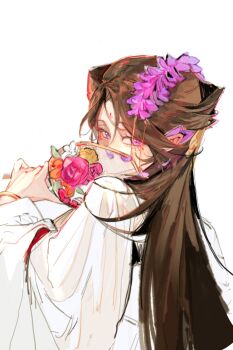 1girl absurdres black_hair bouquet bracelet covering_own_mouth facial_mark flower forehead forehead_mark from_side hair_ears hair_flower hair_ornament half-closed_eyes half_updo highres holding holding_bouquet jewelry looking_at_viewer looking_to_the_side parted_bangs path_to_nowhere pink_flower pink_rose purple_eyes rose shashajitui_bot solo upper_body yingying_(path_to_nowhere)