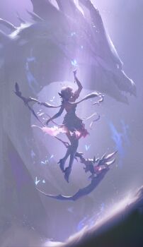 1girl absurdres adversarial_noise arm_up asymmetrical_gloves blue_butterfly bug butterfly butterfly_hair_ornament butterfly_ornament castorice_(honkai:_star_rail) commentary_request dragon dress elbow_gloves floating from_behind full_body gloves hair_ornament hand_to_weapon high_heels highres honkai:_star_rail honkai_(series) huge_weapon index_finger_raised insect long_hair low_twintails pantyhose pollux_(honkai:_star_rail) purple_hair qosic scythe shoes single_elbow_glove sleeveless sleeveless_dress tiara twintails uneven_gloves weapon white_dress white_pantyhose white_shoes