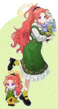 Rule 34 | 13 (spice!!), 1girl, alternate costume, ankle socks, black scrunchie, black shoes, blue archive, blue eyes, blush, dress, flower, flower pot, forehead, frilled dress, frills, gloves, green dress, halo, hand on own forehead, high ponytail, highres, holding, holding flower pot, hood, hood down, hoodie, leg up, long hair, long sleeves, looking at viewer, mary janes, parted lips, plant, ponytail, potted plant, red hair, scrunchie, shoes, small sweatdrop, socks, standing, standing on one leg, sunflower, white gloves, white hoodie, yellow halo, yellow socks, yuzu (blue archive)