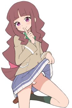 blazer blush bow brown_hair censored clothes_lift digimon digimon_ghost_game finger_to_mouth heart heart_censor highres jacket kikurage_(crayon_arts) loafers loli long_hair purple_eyes pussy school_uniform shoes skirt skirt_lift smile socks tsukiyono_ruli upskirt