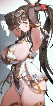 1girl armpits arms_behind_head arms_up bare_shoulders breasts brown_eyes brown_hair cleavage closed_mouth commentary_request covered_navel cowboy_shot dated elbow_sleeve eyewear_on_head fingerless_gloves from_side gloves hair_ornament highleg highleg_leotard highres holding holding_own_hair hood huge_breasts id_card large_breasts leotard long_hair looking_at_viewer looking_to_the_side max_factory o-ring original ponytail red_gloves shadow sideboob signature sleeveless solo thighs toridamono tying_hair very_long_hair white_leotard