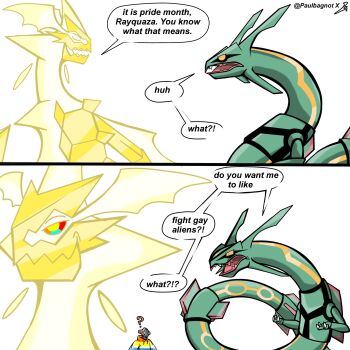 ? alien angry deoxys deoxys_(normal) disgust dragon english_text fang fangs gen_3_pokemon gen_7_pokemon glowing highres hood hooded_jacket jacket legendary_pokemon looking_at_another multiple_boys mythical_pokemon necrozma necrozma_(ultra) nintendo no_humans open_mouth paulbagnot pokemon pokemon_(creature) rayquaza serious shaded_face sharp_teeth skin_fang smug tail teeth throwing wings yellow_eyes